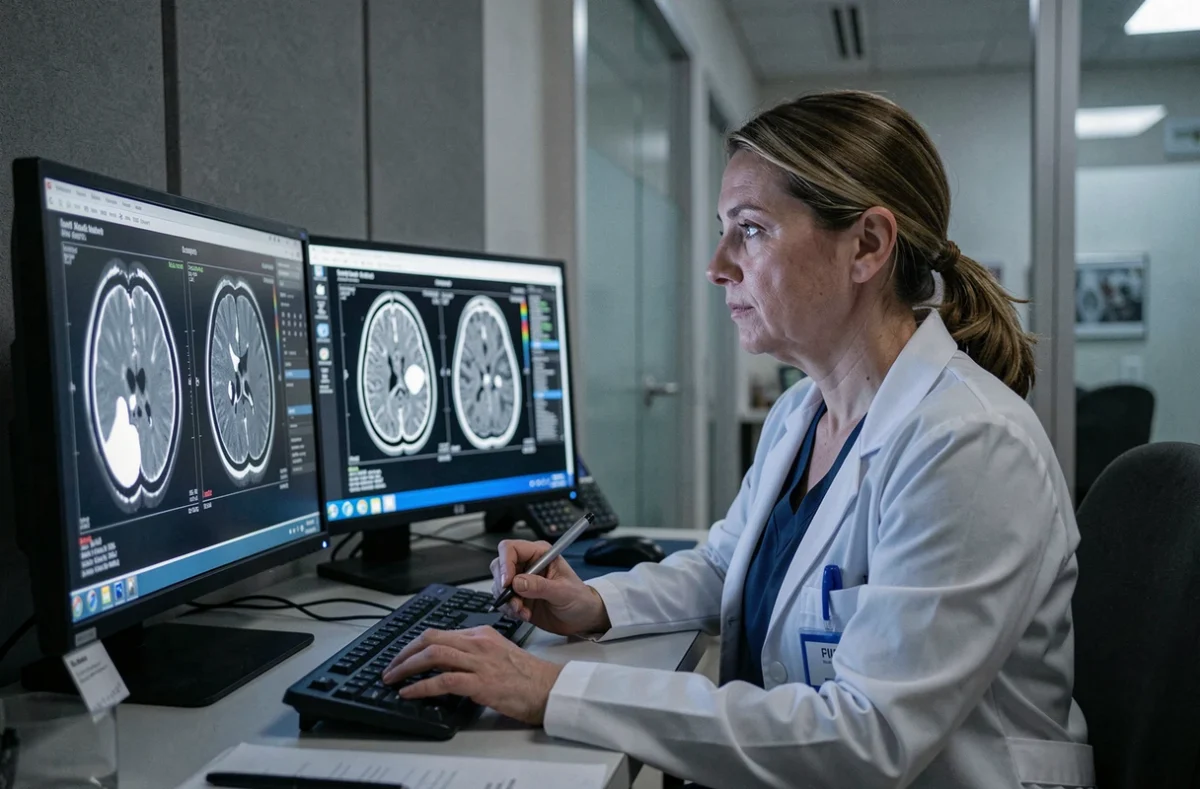 Radiologue femme analysant des images IRM cérébrales avec hypersignal sur double écran en salle de lecture médicale