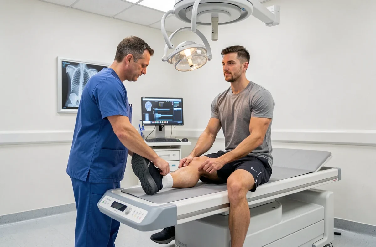 Technicien radiologue positionnant la cheville d'un patient sur une table de radiologie numérique, illustrant la réalisation d'une radio après un traumatisme léger