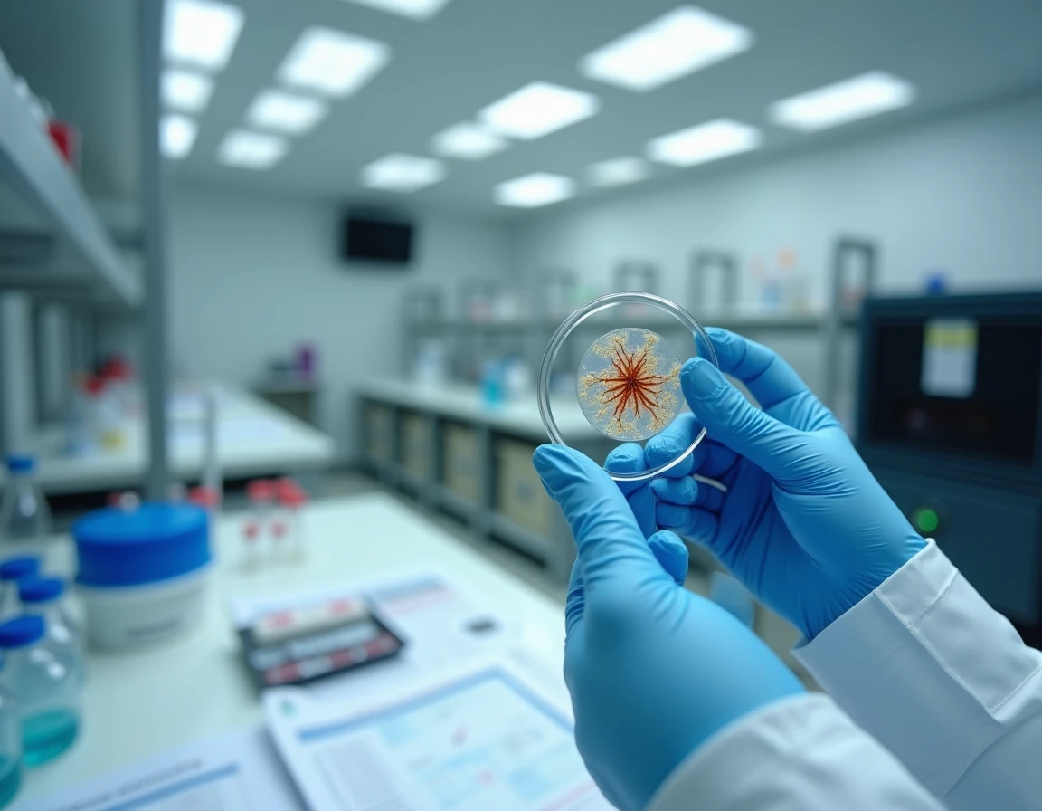 Chercheur en laboratoire analysant des fibres nerveuses dans le cadre d'une étude sur une maladie auto-immune périphérique rare