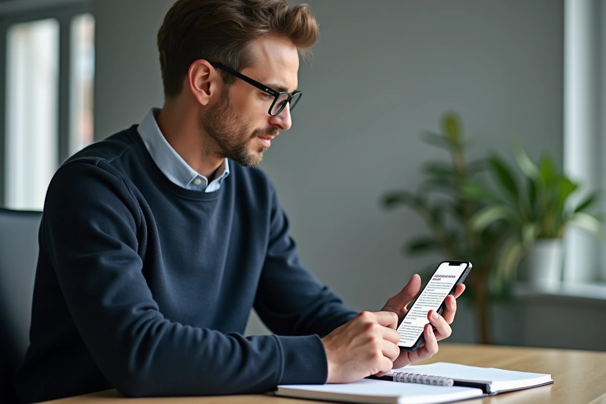 Homme consultant l'annuaire des professionnels de santé sur smartphone pour vérifier un numéro ADELI
