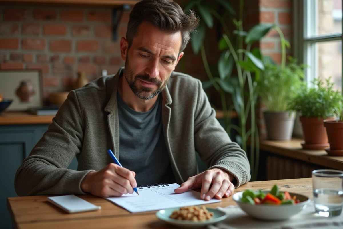 Homme consultant un plan alimentaire pour le régime Omo avec des repas équilibrés sur la table