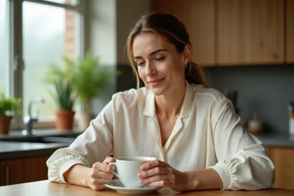 Femme tenant une tasse de tisane au gingembre pour soulager le reflux gastrique naturellement