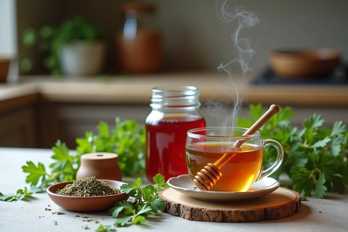 Remèdes naturels contre l'infection urinaire : plantes médicinales, jus de canneberge et tisane sur un comptoir en pierre