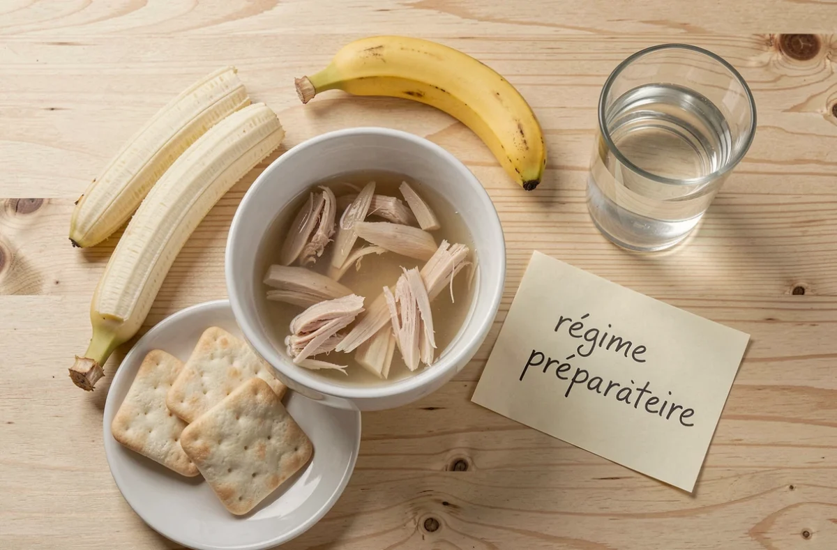 Vue de dessus d'un repas léger de préparation à la coloscopie avec bouillon clair, crackers et banane sur une table en bois