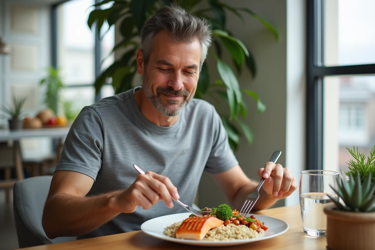 Homme mangeant un repas riche en protéines et en fibres favorisant la dépense calorique lors de la digestion