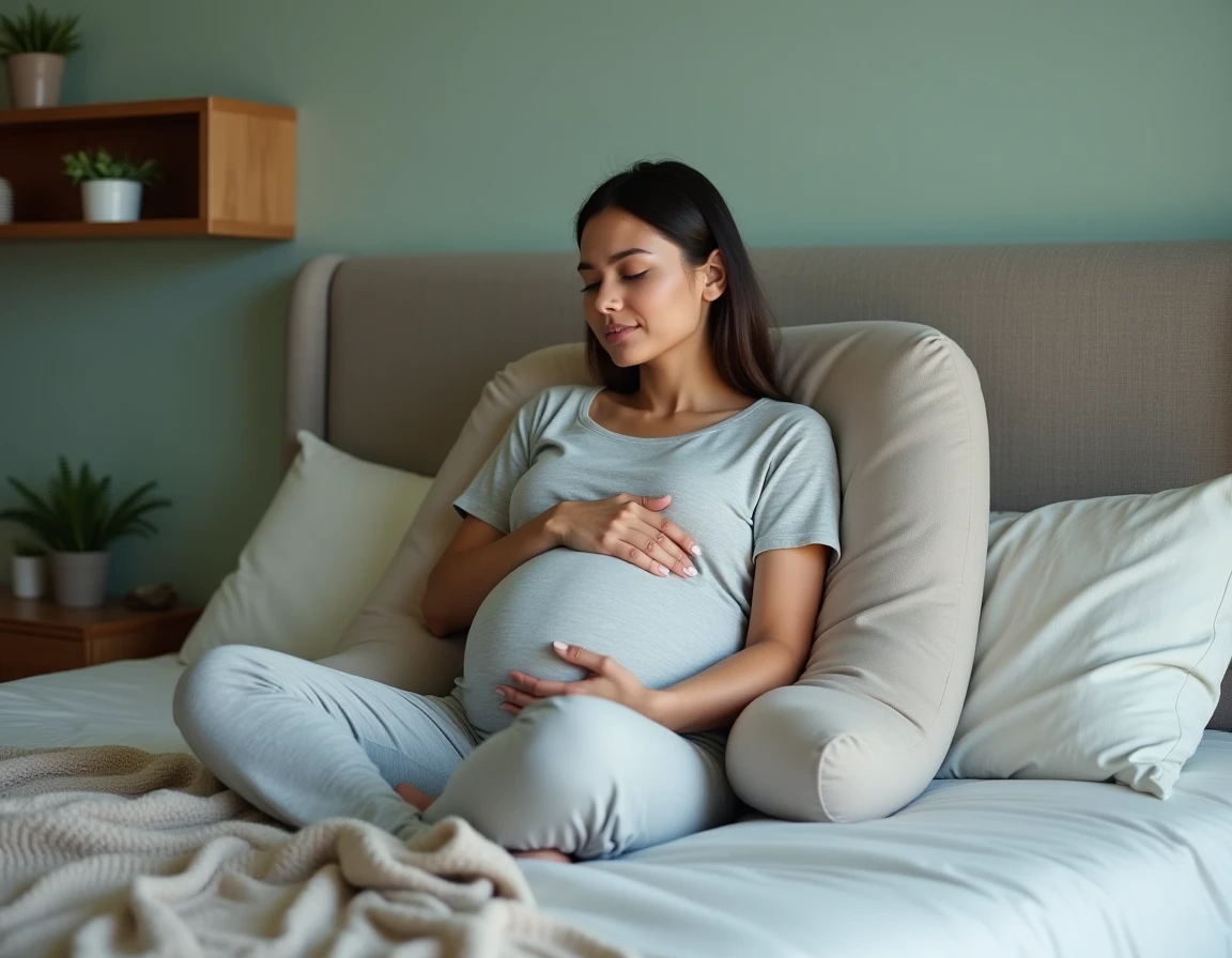 Femme enceinte se reposant assise contre des oreillers dans une chambre moderne et apaisante