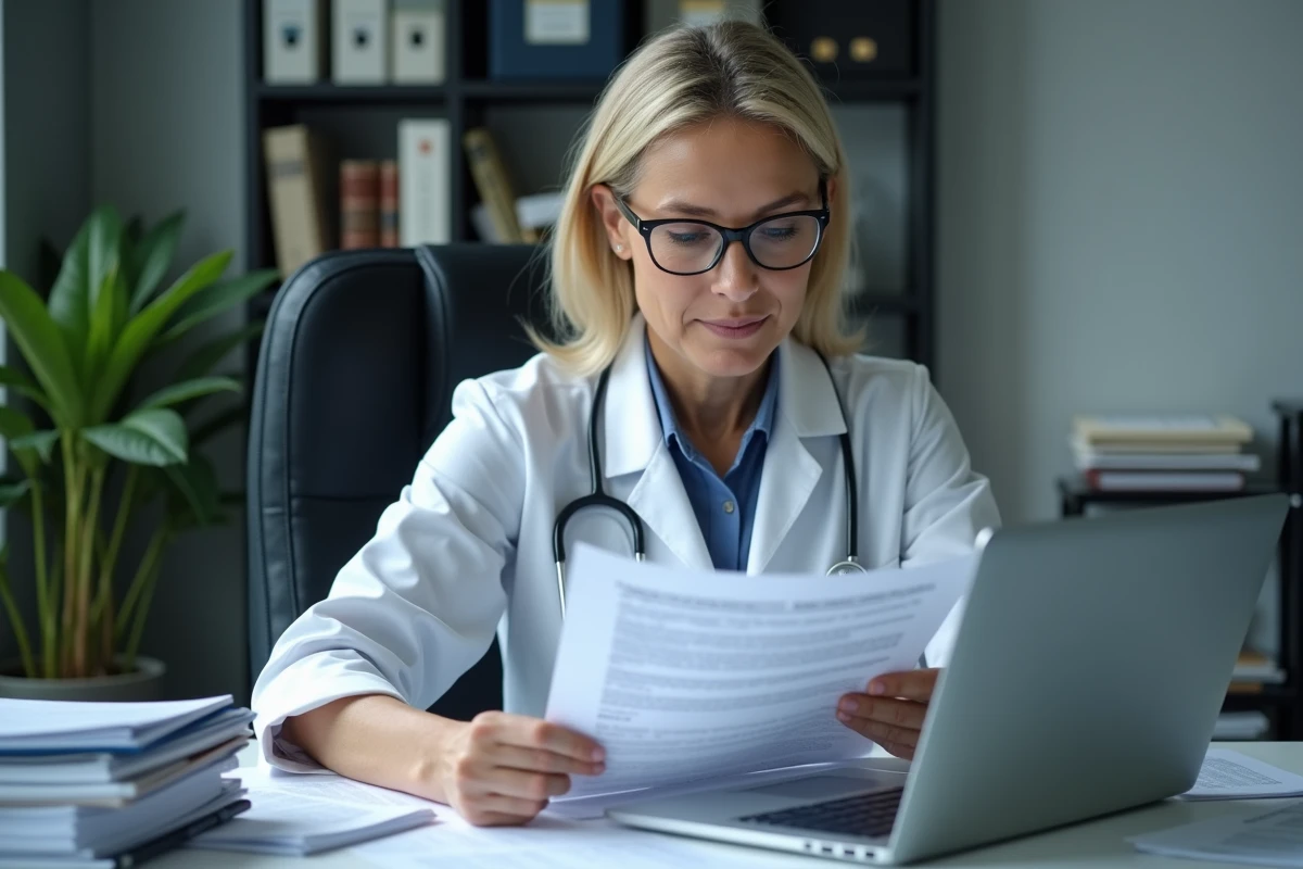 Médecin analysant rigoureusement des données probantes issues d'études cliniques et de revues médicales scientifiques