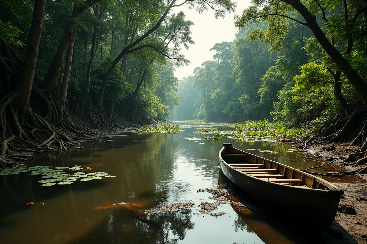 Tributaire de l'Amazone avec une pirogue en bois sur la berge et la forêt tropicale se reflétant dans l'eau sombre