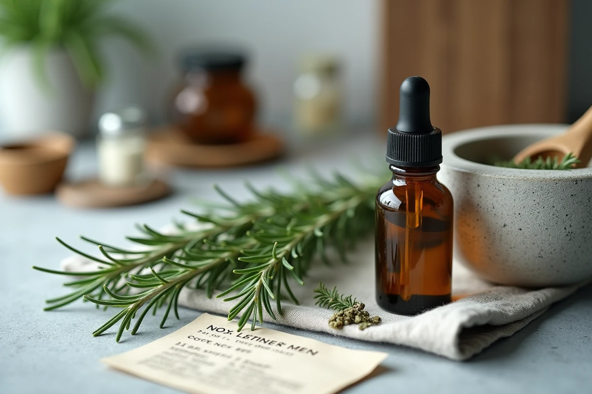 Gros plan sur des branches de romarin frais et séché avec mortier, flacon en verre ambré et fiche de posologie pour cure maison