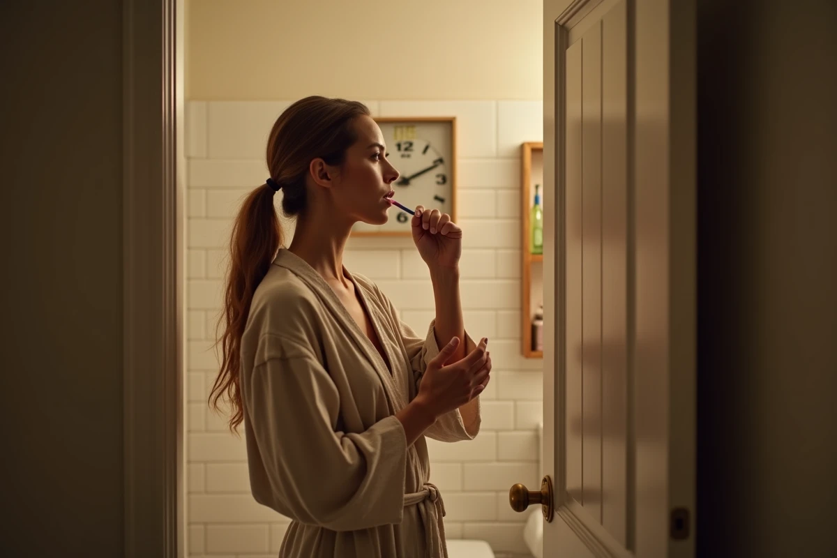 Jeune femme en peignoir se brossant les dents dans l'embrasure de la salle de bain la nuit, horloge murale indiquant 22h45, évoquant l'importance d'une heure de coucher fixe pour le sommeil