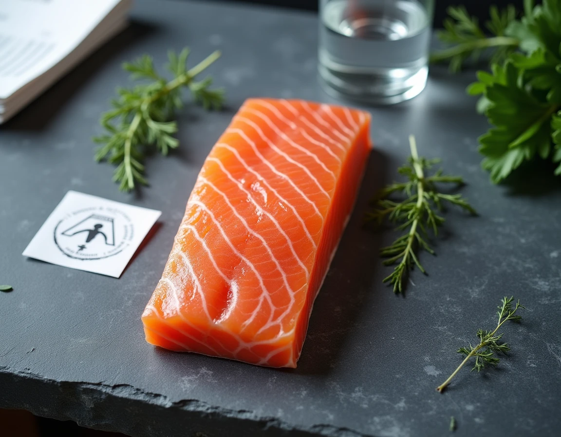 Vue en plongée d'un filet de saumon cru avec une brochure médicale sur un comptoir en ardoise, composition éditoriale sur les risques alimentaires