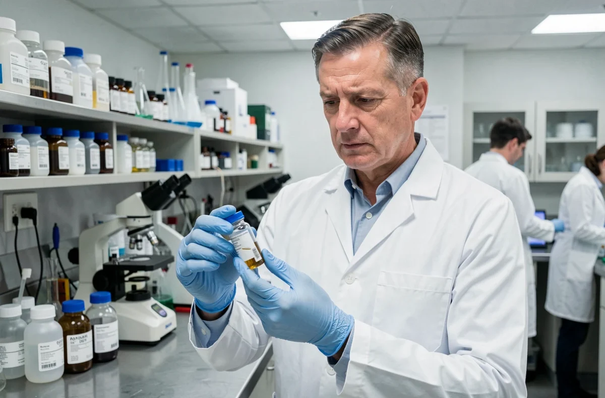 Scientifique en laboratoire analysant un échantillon chimique lié à la recherche sur les perturbateurs endocriniens