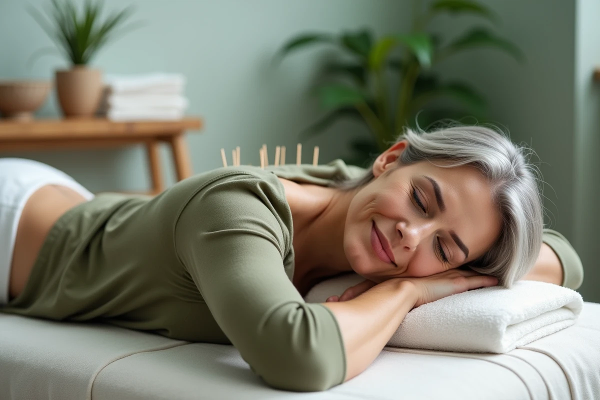 Séance d'acupuncture dans un cabinet de soins holistiques intégratifs pour femme adulte