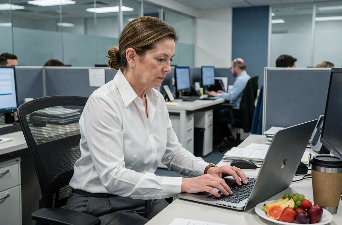 Femme sédentaire assise longtemps à son bureau de bureau face à un ordinateur, risque de diabète de type 2 lié au manque d'activité physique au travail