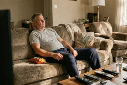 Homme sédentaire affalé sur un canapé devant la télévision avec des snacks, illustrant les risques de l'inactivité physique et du diabète de type 2