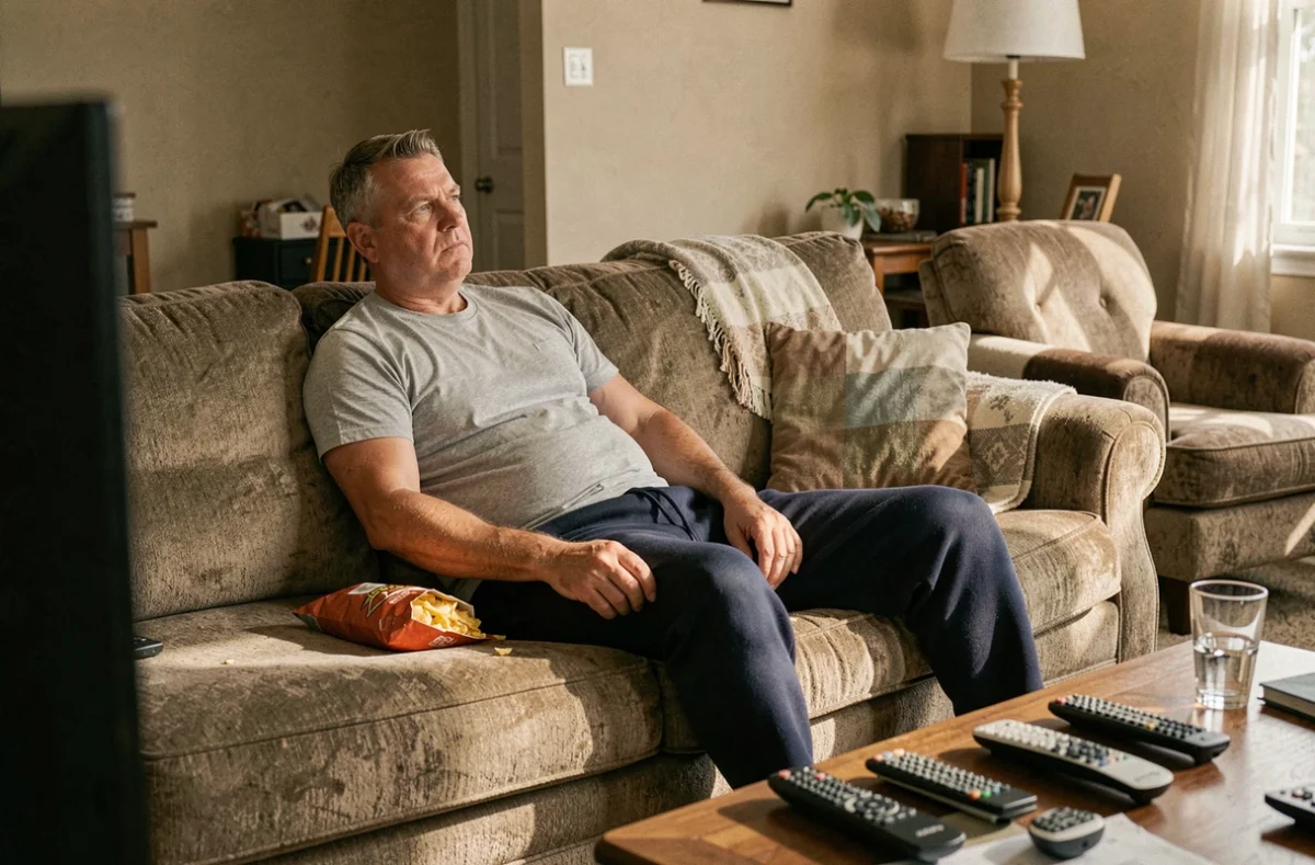 Homme sédentaire affalé sur un canapé devant la télévision avec des snacks, illustrant les risques de l'inactivité physique et du diabète de type 2