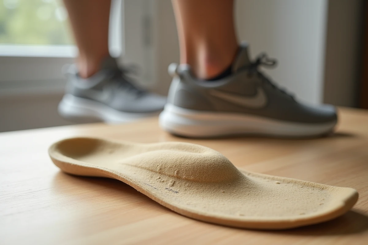 Semelle orthopédique pour épine calcanéenne posée à côté d'une chaussure de sport sur un parquet en bois clair