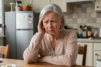 Femme senior à la cuisine réagissant à un bruit quotidien en portant la main à son oreille