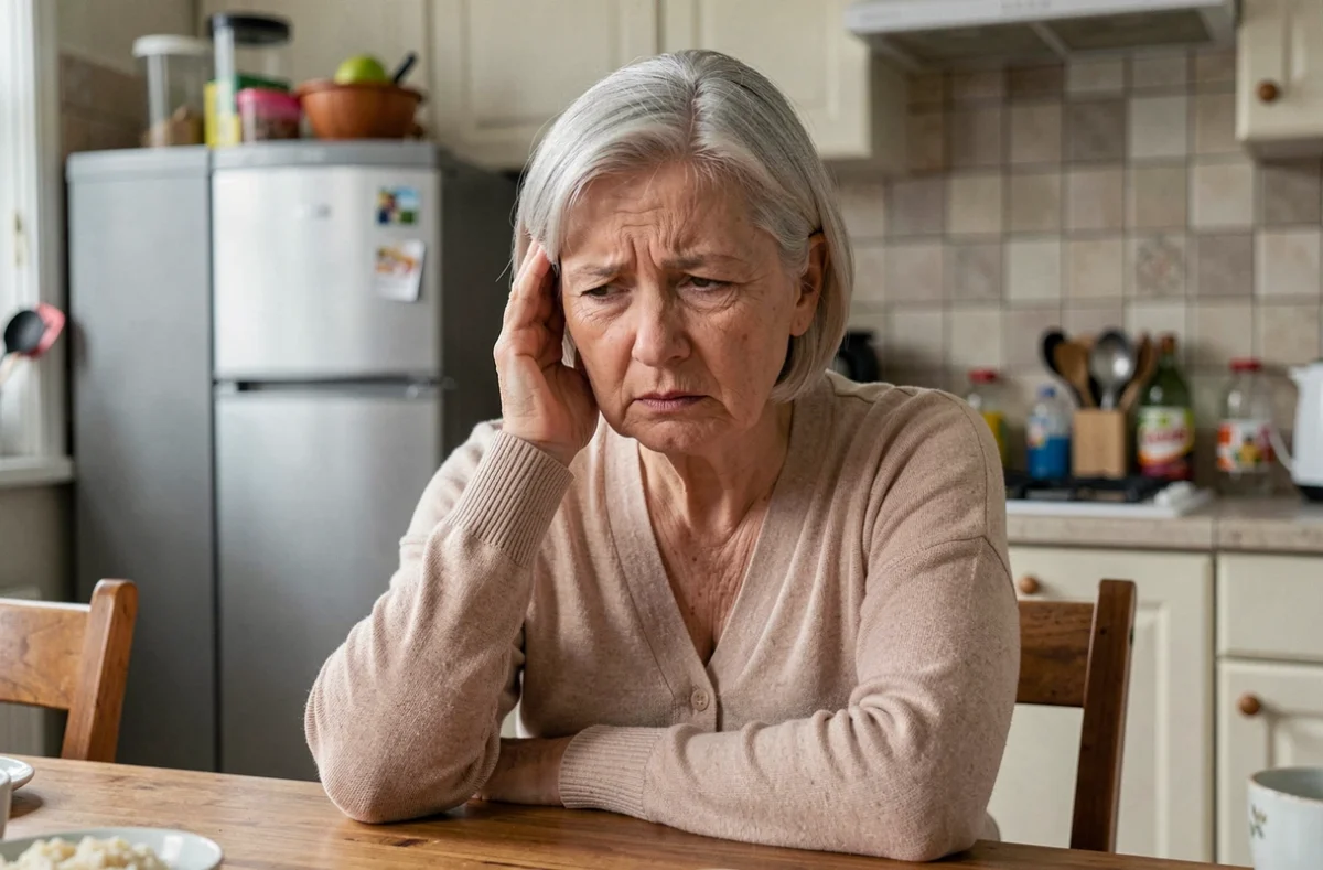 Femme senior à la cuisine réagissant à un bruit quotidien en portant la main à son oreille