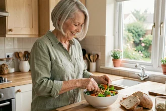 Femme senior préparant une salade riche en fibres dans sa cuisine avec des légumes frais et du pain complet