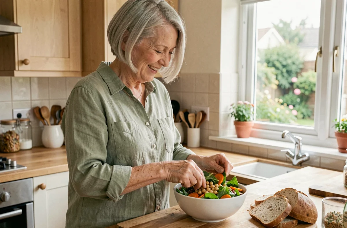 Femme senior préparant une salade riche en fibres dans sa cuisine avec des légumes frais et du pain complet