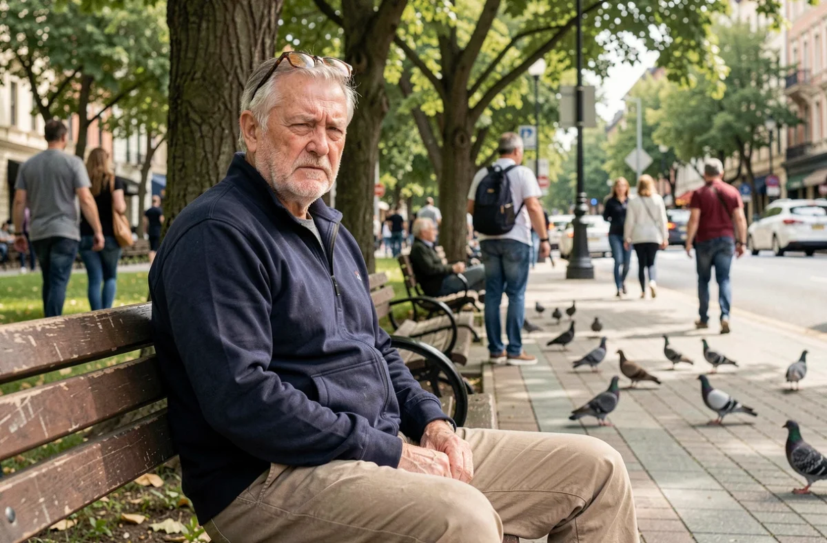 Homme âgé dans un parc urbain peinant à entendre dans le bruit ambiant de la ville