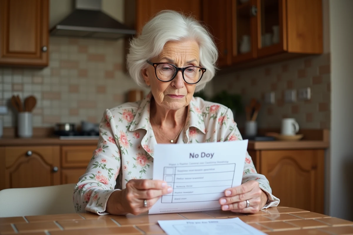 Femme âgée consultant une liste d'aménagements pour prévenir les chutes dans sa cuisine adaptée