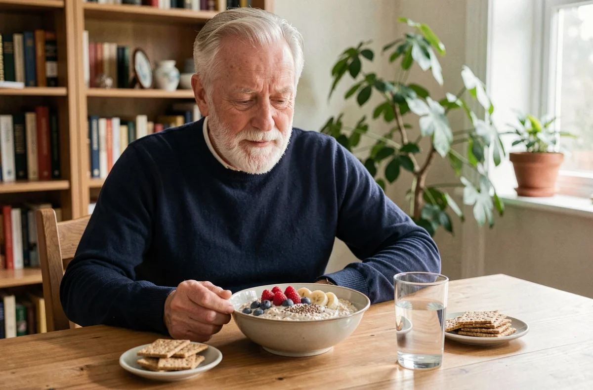 Homme senior savourant un bol de flocons d'avoine aux fruits et graines pour un petit-déjeuner riche en fibres
