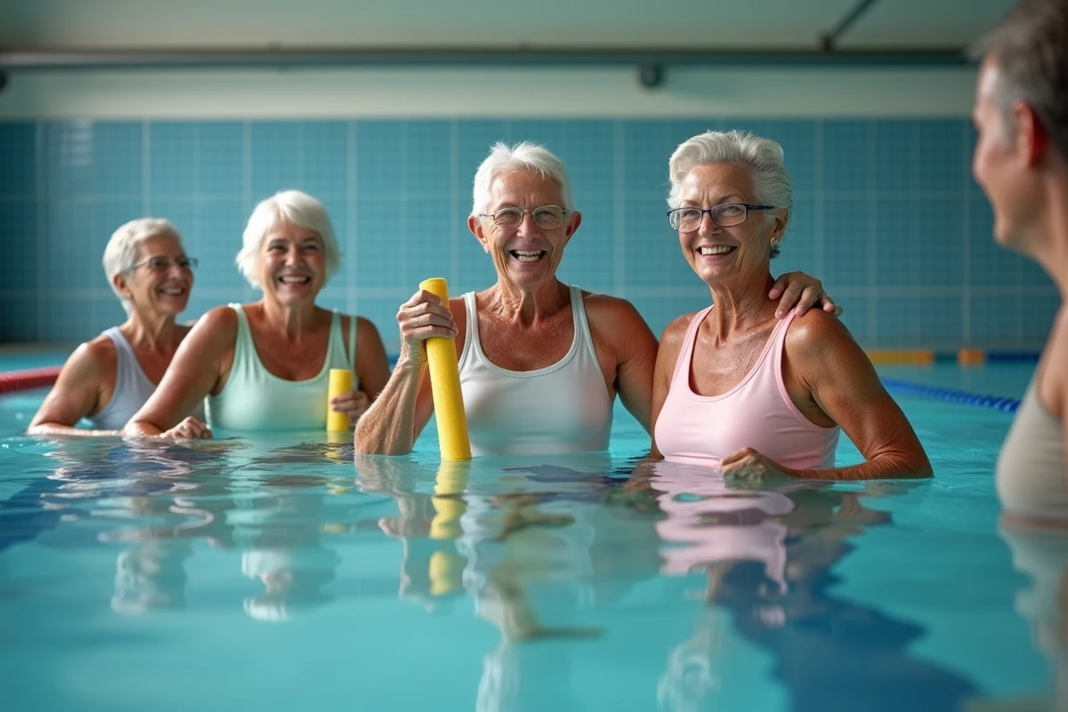 Groupe de seniors pratiquant l'aquagym dans une piscine municipale couverte avec des frites de natation