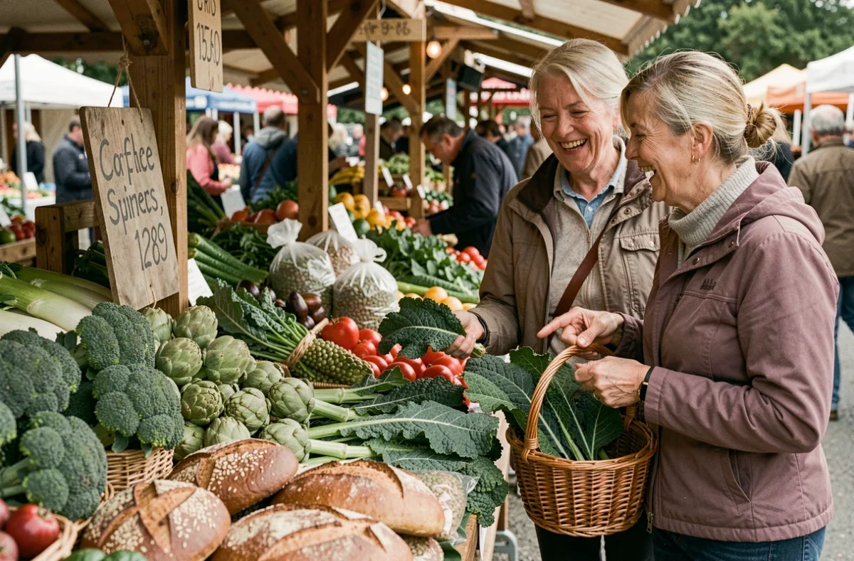 Deux femmes seniors faisant leurs courses au marché et choisissant des légumes et aliments riches en fibres