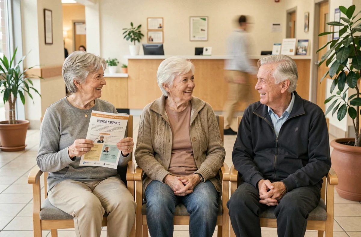 Trois personnes âgées dans une salle d'attente d'un centre de santé, discutant de la vaccination recommandée pour les seniors après 65 ans