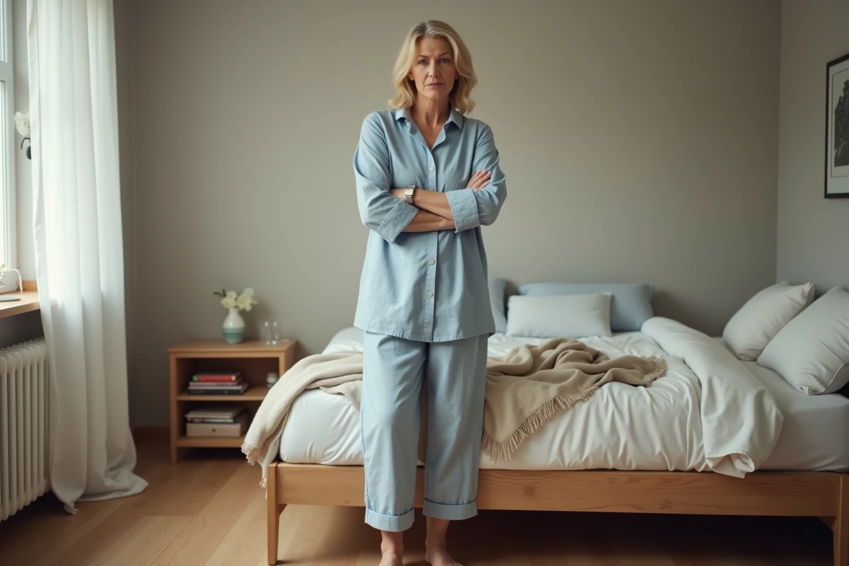 Femme debout pieds nus près de son lit au réveil, bras croisés, exprimant une sensation de vibration ou de picotement dans le corps
