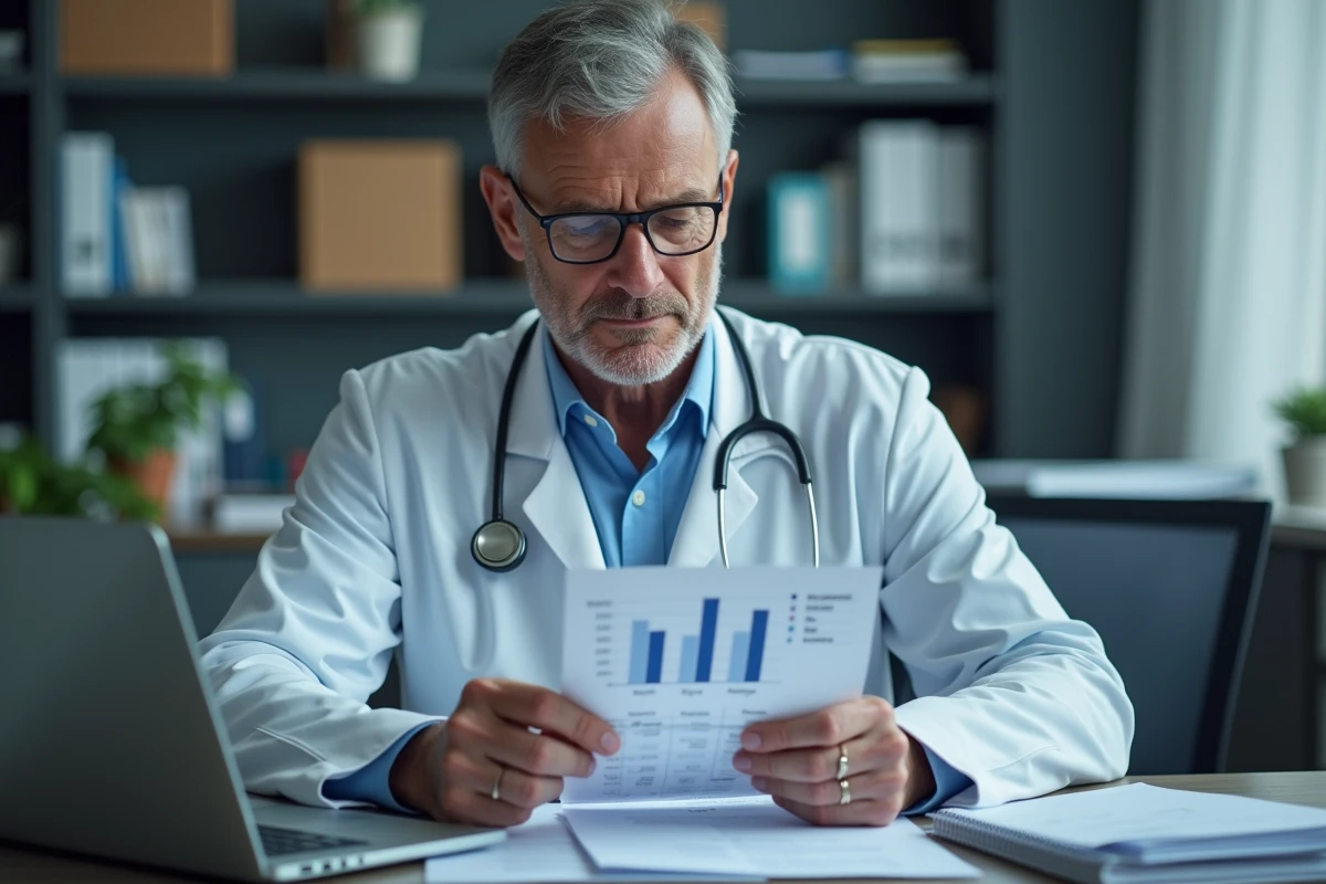 Médecin analysant des résultats de tests biologiques en consultant des données sur la sensibilité et la spécificité diagnostique