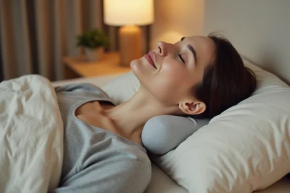 Femme dormant sur le côté avec un oreiller cervical ergonomique pour maintenir la rectitude rachidienne cervicale