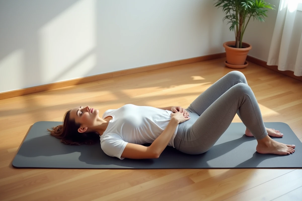 Femme allongée sur un tapis de yoga essayant de soulager une douleur dans le bas du dos droite causée par le stress
