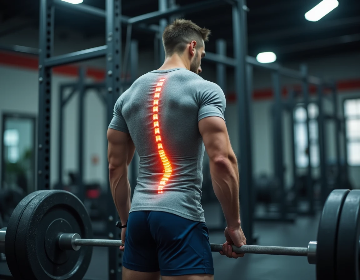 Homme soulevant une barre de musculation avec une mauvaise posture dorsale, exercice potentiellement aggravant pour la scoliose