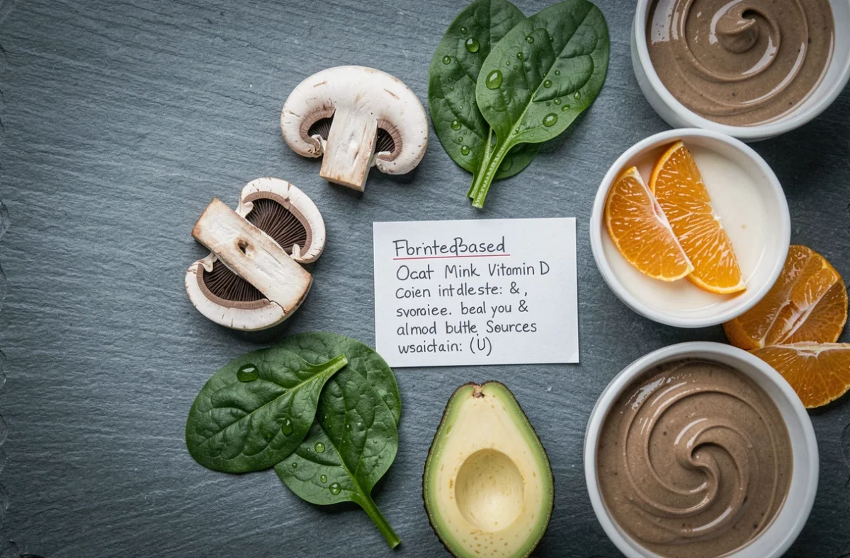 Vue de dessus d'aliments végétaux riches en vitamine D — champignons, avocat, épinards et agrumes — disposés sur une surface en ardoise