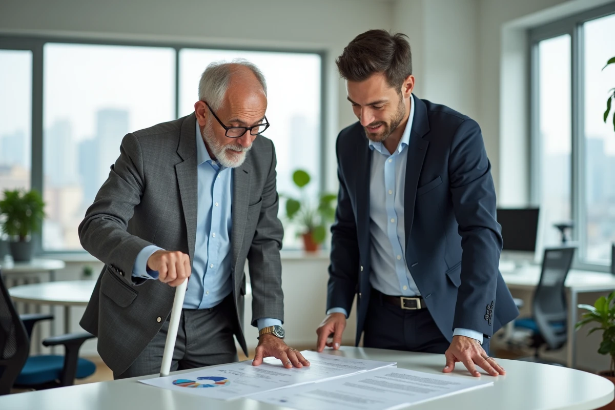 Un collègue encourage et accompagne un homme malvoyant dans un environnement de bureau moderne et inclusif
