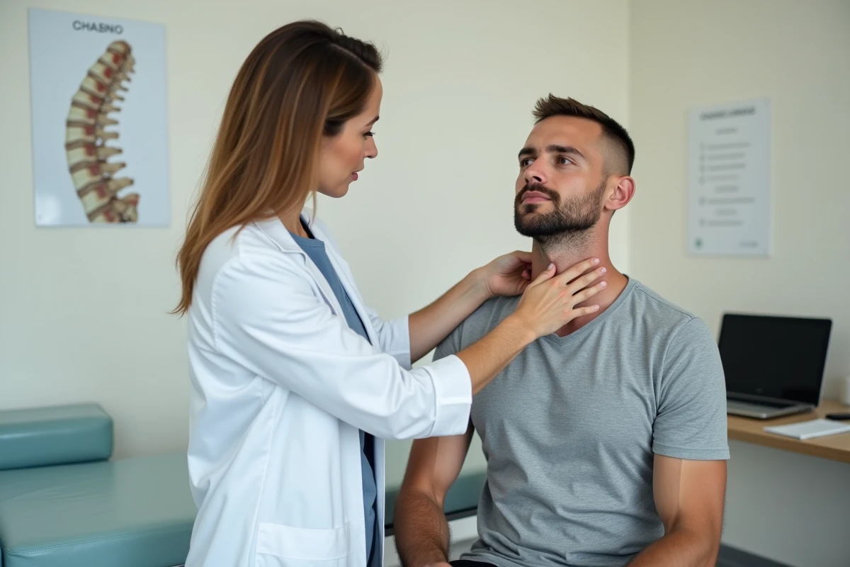 Physiothérapeute examinant les cervicales d'un patient en cabinet médical