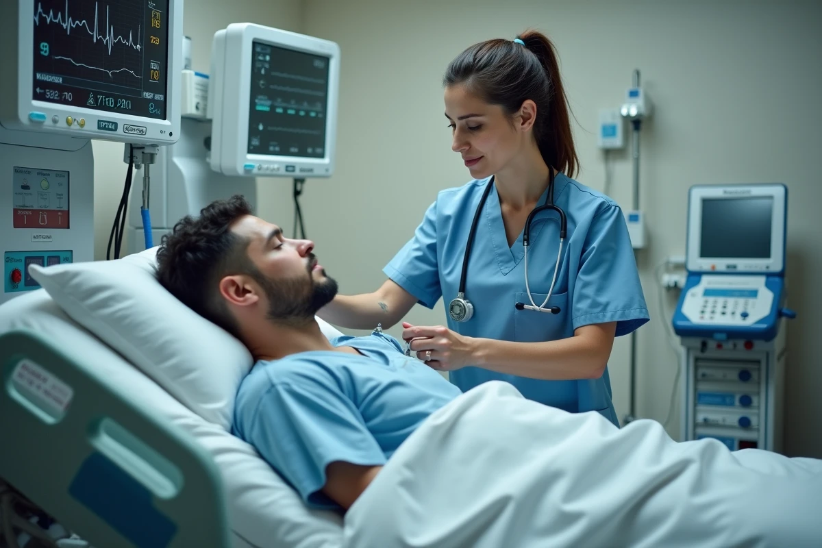 Infirmière installant un moniteur cardiaque sur un patient en salle de réveil post-opératoire