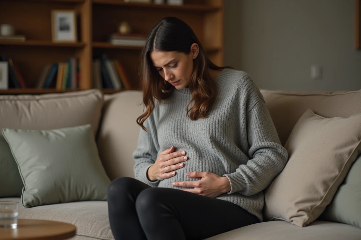 Femme aux mains posées sur le ventre assise sur un canapé, illustrant les symptômes d'une grossesse nerveuse