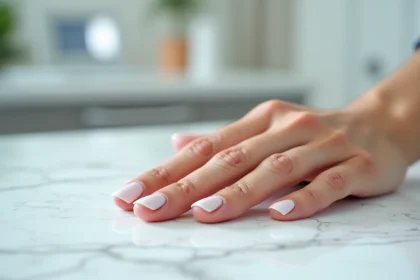 Gros plan sur des ongles de femme présentant des taches blanches (leuconychie) sur fond de marbre blanc, dans un contexte de consultation dermatologique