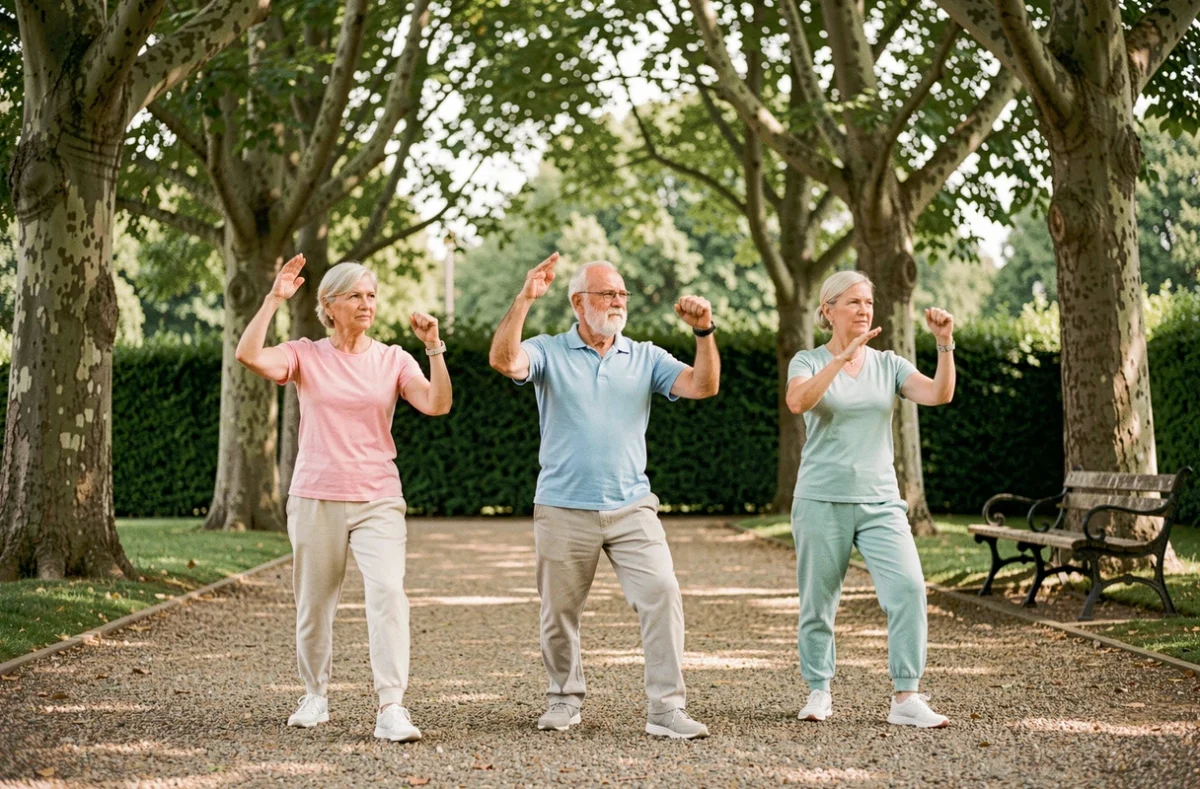 Groupe de seniors pratiquant le tai-chi en plein air dans un parc pour entretenir leur mobilité articulaire