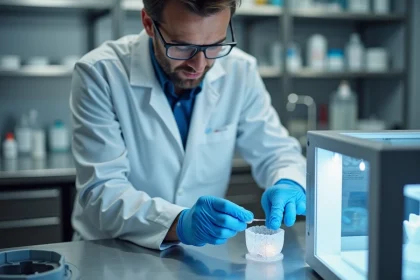 Technicien dentaire retirant une couronne en résine d'une imprimante 3D dentaire SprintRay dans un laboratoire moderne