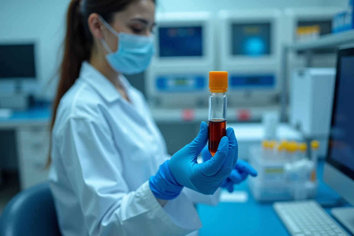 Mains gantées d'un technicien de laboratoire tenant un tube d'échantillon de sérum pour analyse biochimique incluant le dosage de la GGT