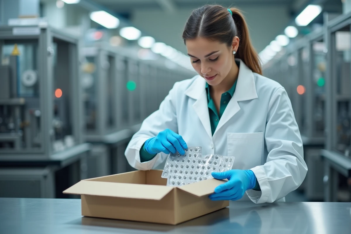 Technicienne pharmaceutique emballant des plaquettes de médicaments dans une boîte en carton sur une table de travail stérile en acier inoxydable