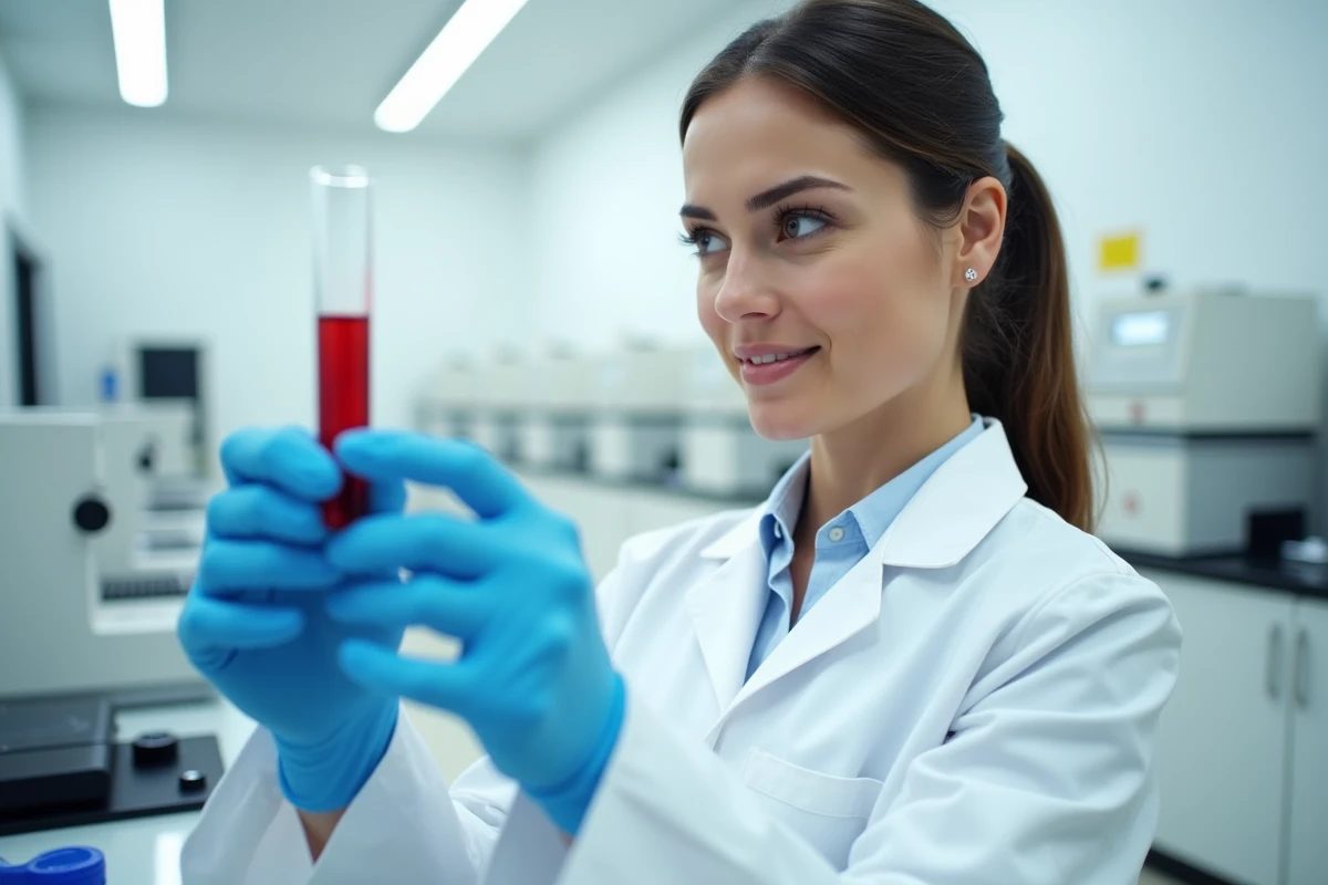 Technicienne de laboratoire tenant un tube à essai contenant un échantillon sanguin pour analyse de maladies auto-immunes