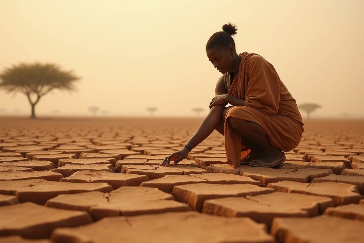 Femme africaine observant une terre aride et craquelée, illustrant les impacts du changement climatique en zone sahélienne