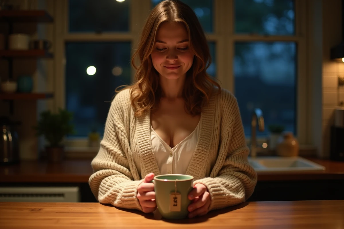 Jeune femme préparant une tisane apaisante dans sa cuisine la nuit pour favoriser l'endormissement