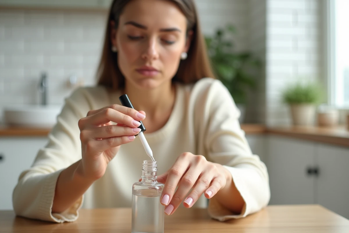 Jeune femme appliquant un soin de traitement sur ses ongles présentant des taches blanches dans une salle de bain minimaliste